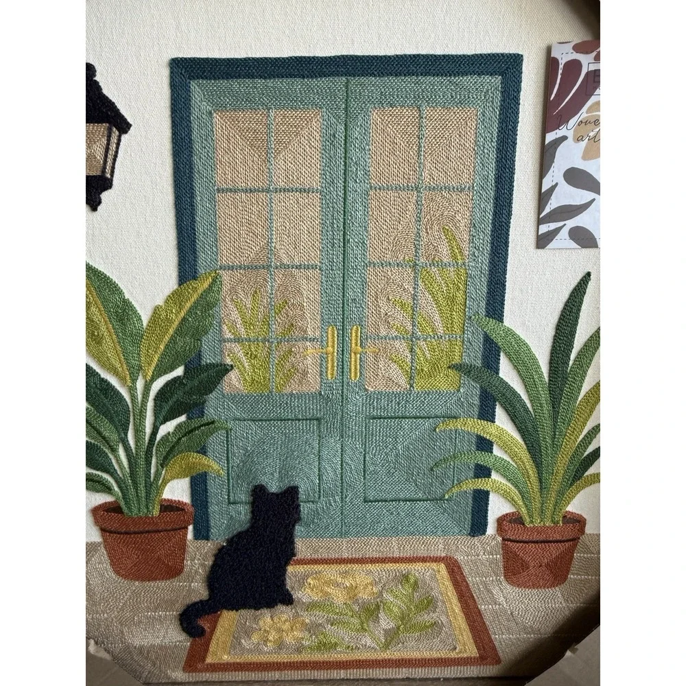 NEW BP Home Woven Embroidery Wall Art Black Cat at Door  NWT 17